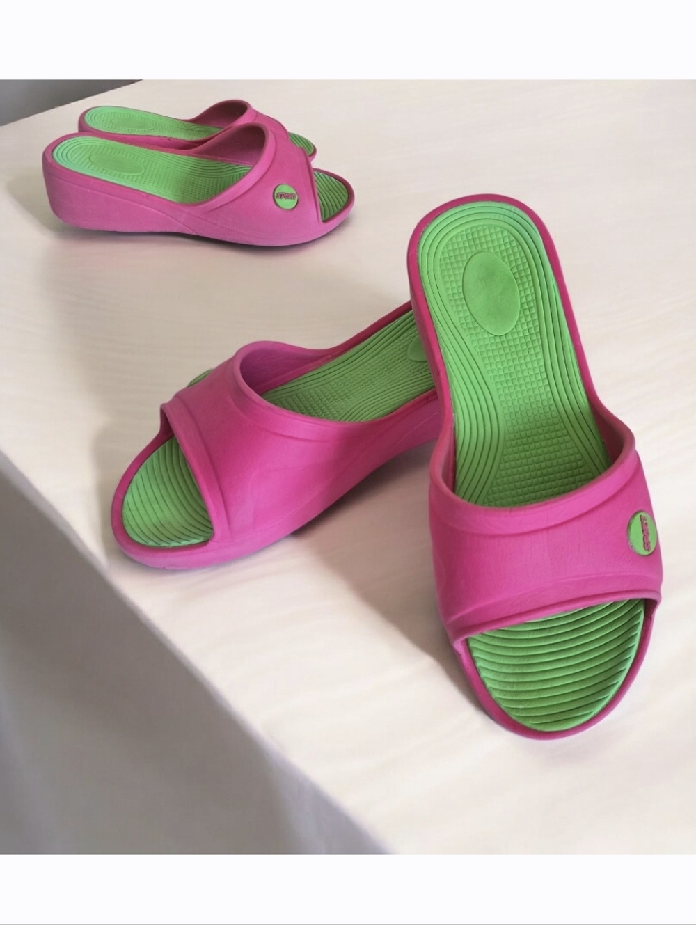 Women's Sport Hot Pink & Lime Green Rubber Molded Wedged Slides